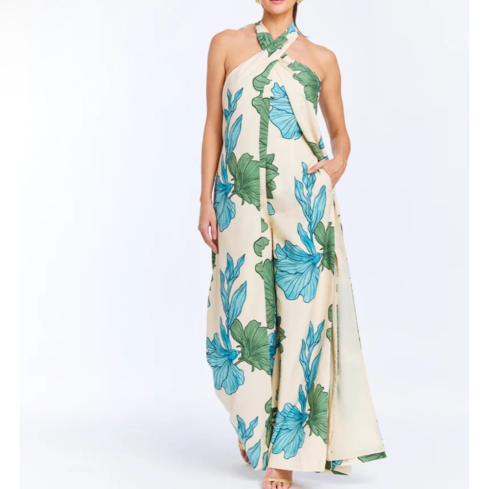 Floral Halter Maxi Dress - Cream and Blue